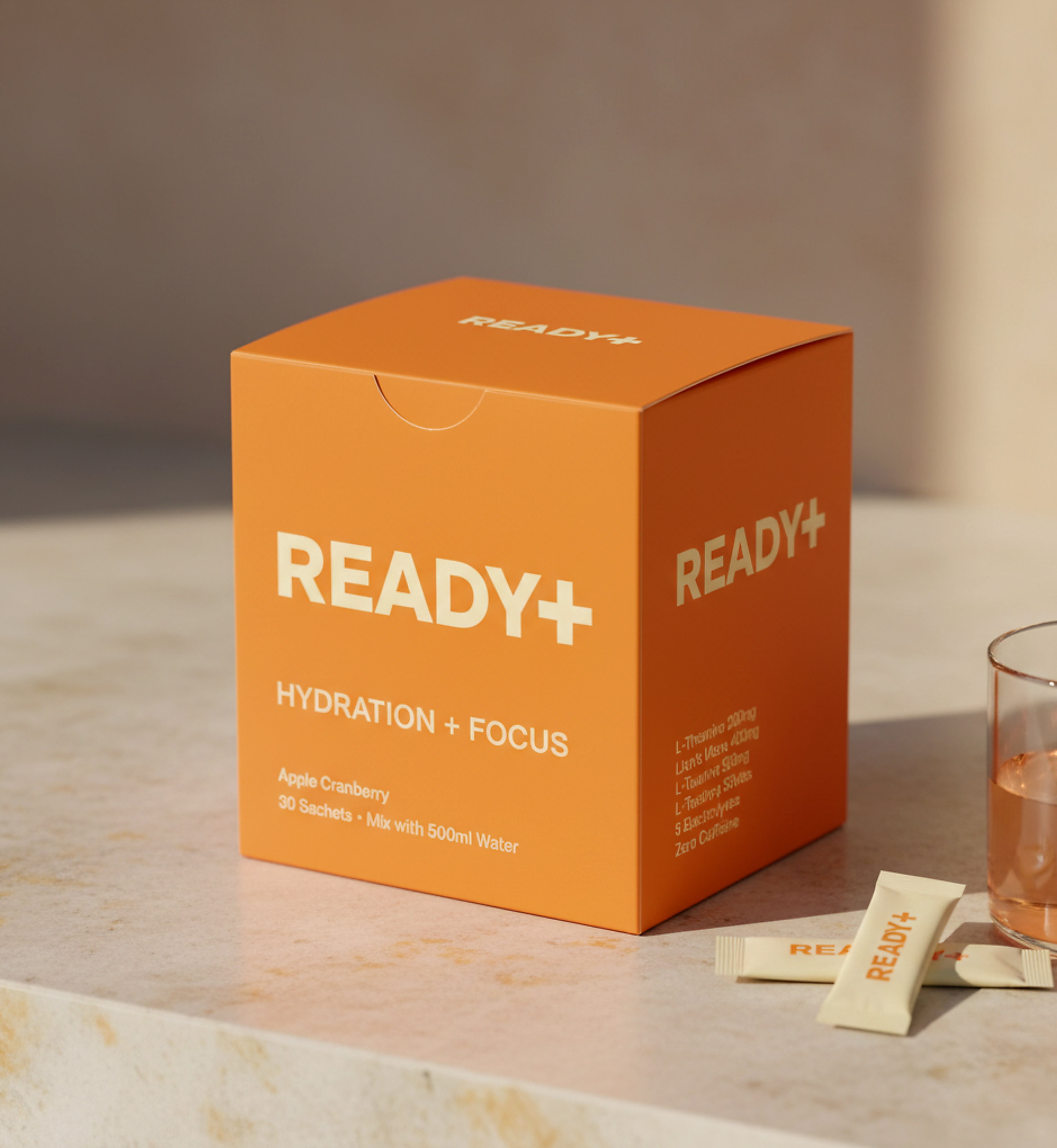 READY+ box with sachets on marble surface